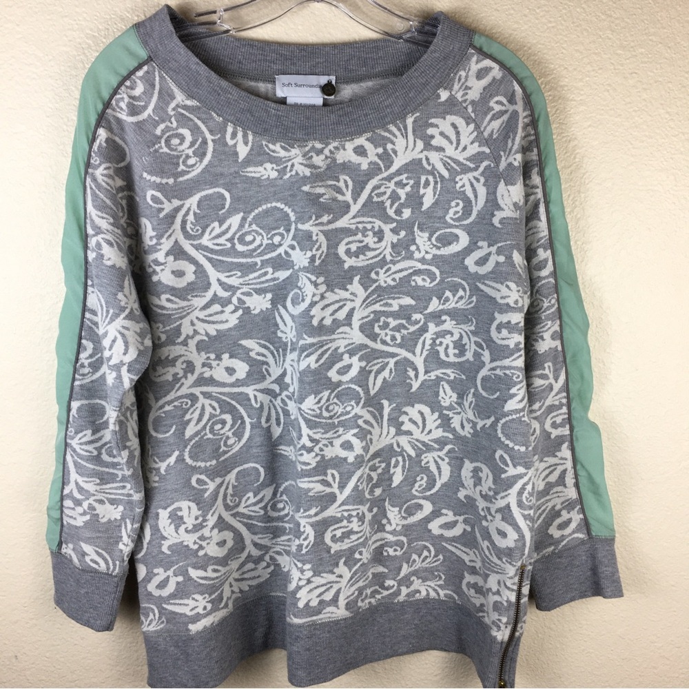 Soft Surroundings Gray Floral Sweatshirt Top Cotton Aqua Stripe Side Zip PM